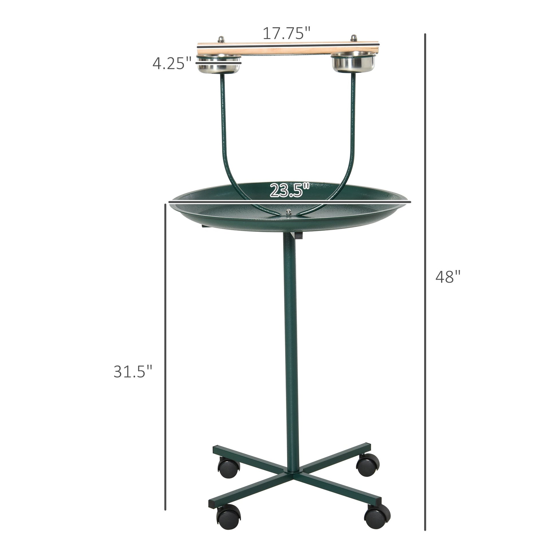 KFX-6595005 Rolling T-Stand Bird Training Playground with Perch and Stainless Steel Bowls