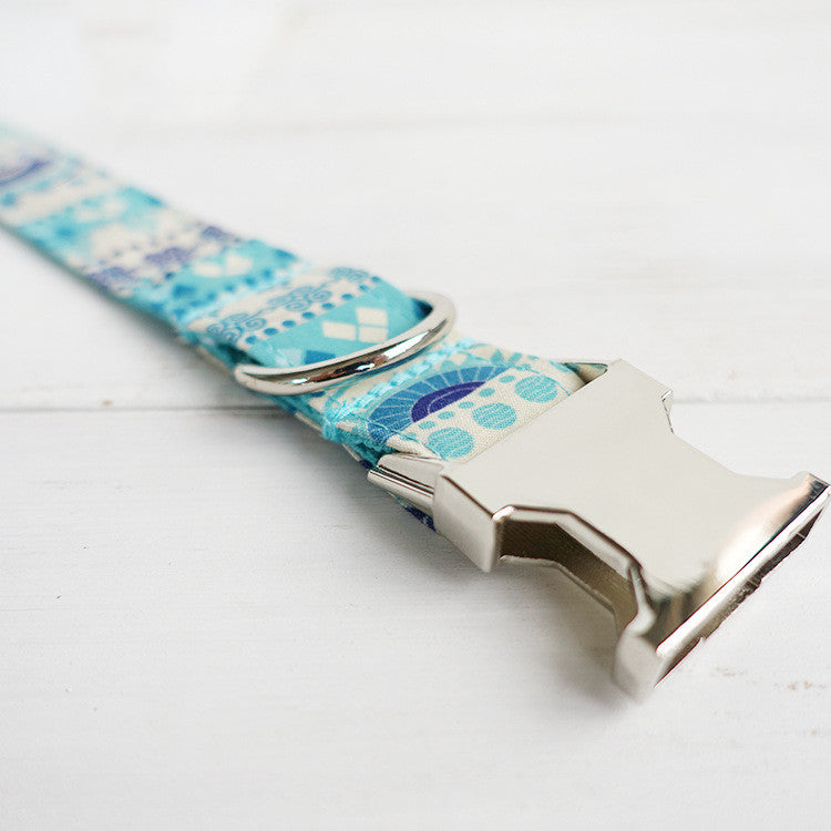 KFX-6598973 Handmade Blue Floral Dog Collar - Cloth and Ribbon Design