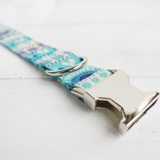 KFX-6598973 Handmade Blue Floral Dog Collar - Cloth and Ribbon Design