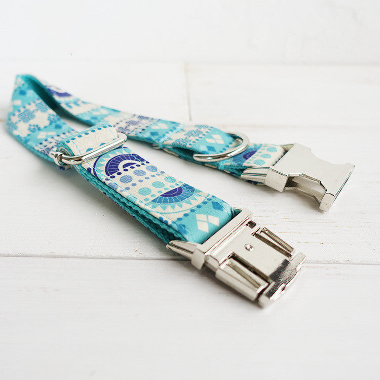 KFX-6598973 Handmade Blue Floral Dog Collar - Cloth and Ribbon Design