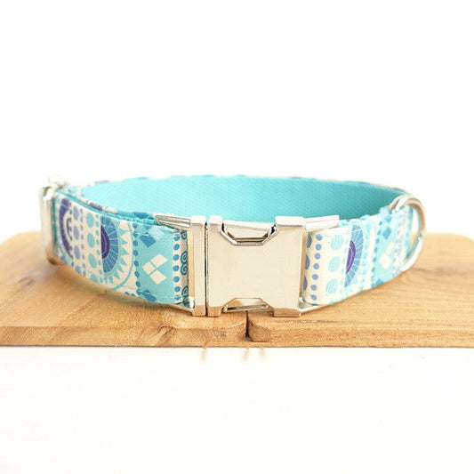 KFX-6598973 Handmade Blue Floral Dog Collar - Cloth and Ribbon Design