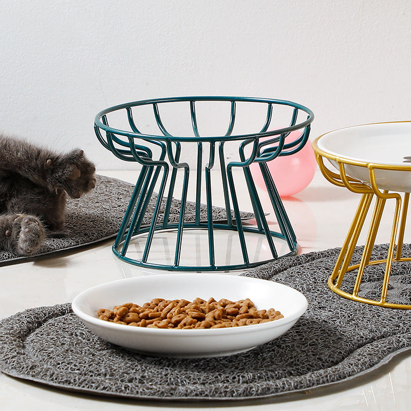 KFX-6603069 Ceramic Cat and Dog High Bowl with Bamboo Frame - Shallow Mouth Design for Comfort