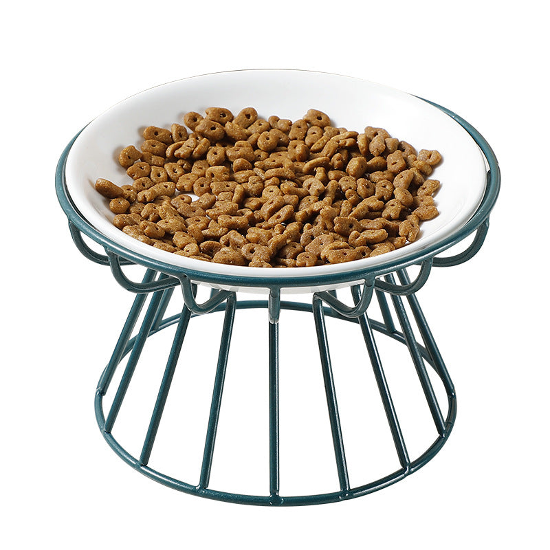 KFX-6603069 Ceramic Cat and Dog High Bowl with Bamboo Frame - Shallow Mouth Design for Comfort