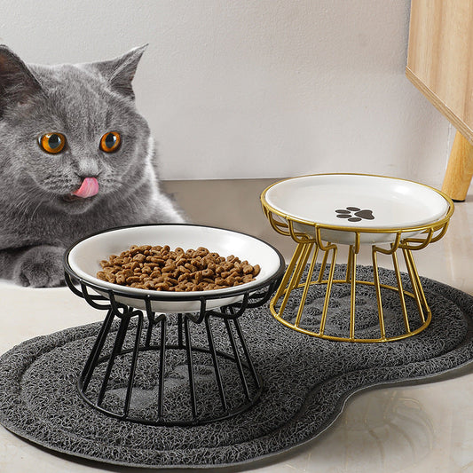 KFX-6603069 Ceramic Cat and Dog High Bowl with Bamboo Frame - Shallow Mouth Design for Comfort