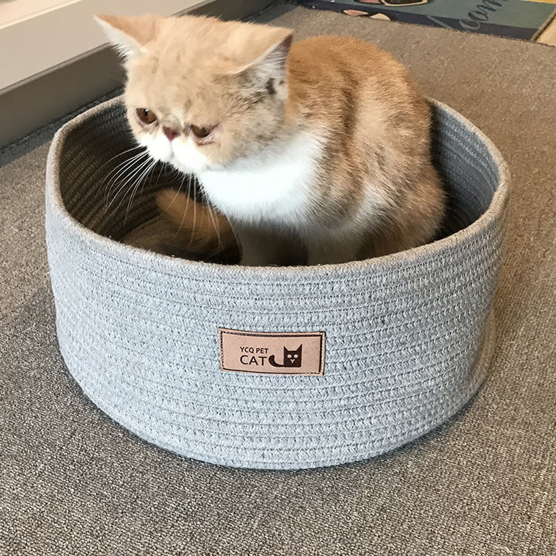 KFX-6612669 Handmade Cotton Rope Round Cat Bed - Non-Sticky, Comfortable, Easy to Clean