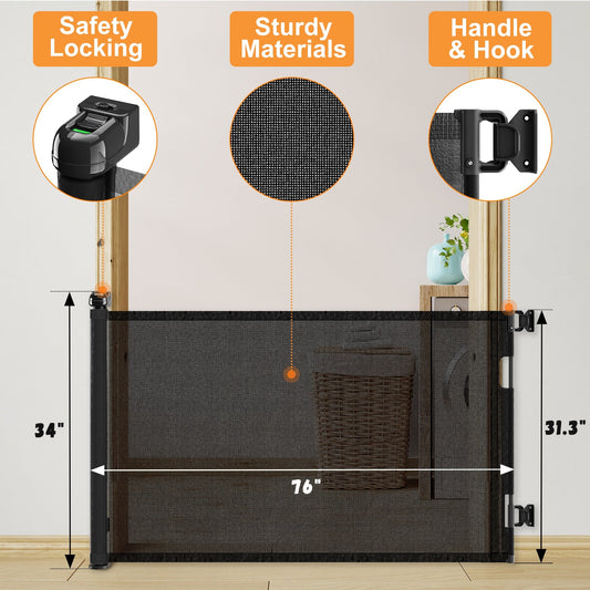 KFX-6625597 Retractable Child Safety Gate for Doorways, Indoor & Outdoor Use, 76" Wide, 33" Tall, Adjustable Mesh Design