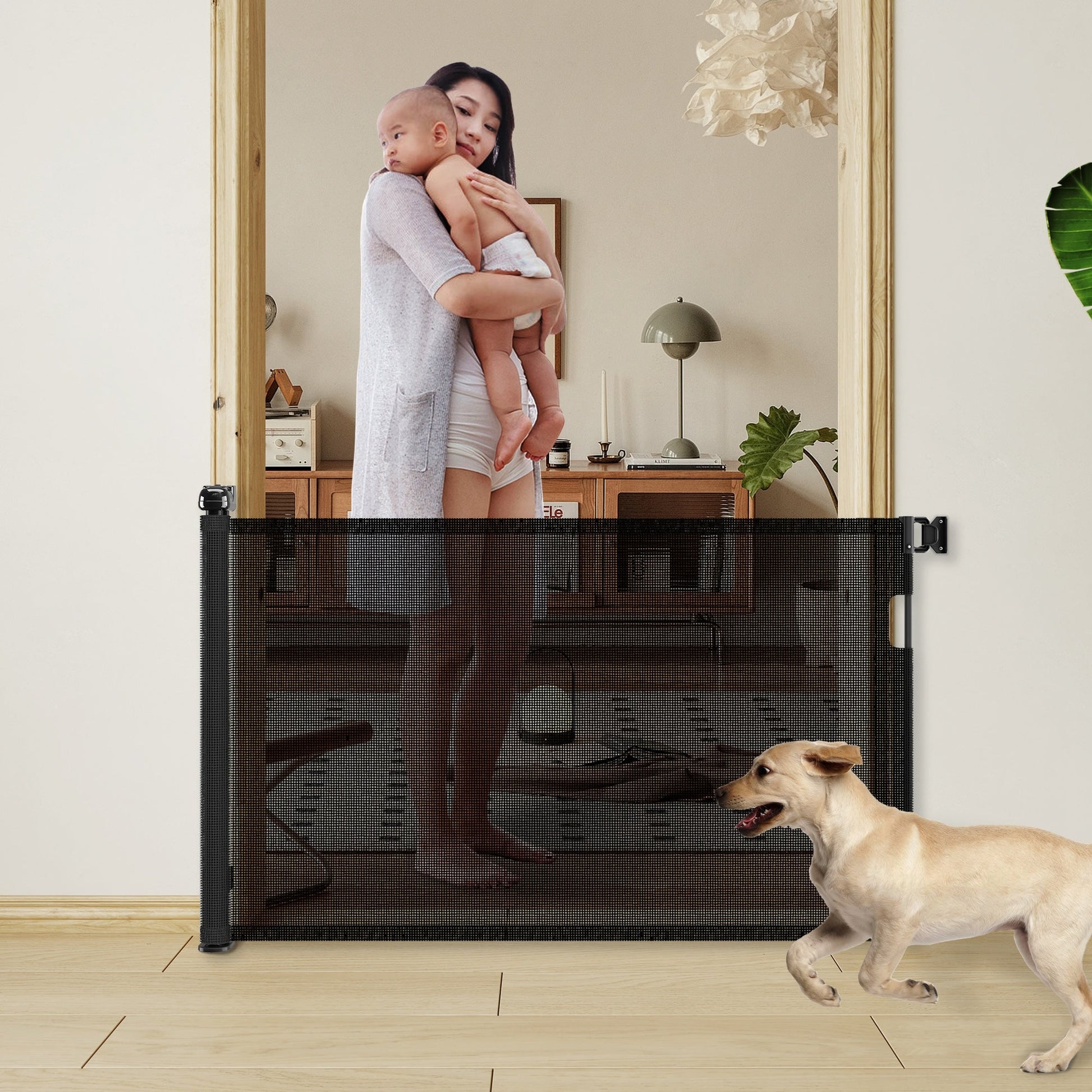 KFX-6625597 Retractable Child Safety Gate for Doorways, Indoor & Outdoor Use, 76" Wide, 33" Tall, Adjustable Mesh Design