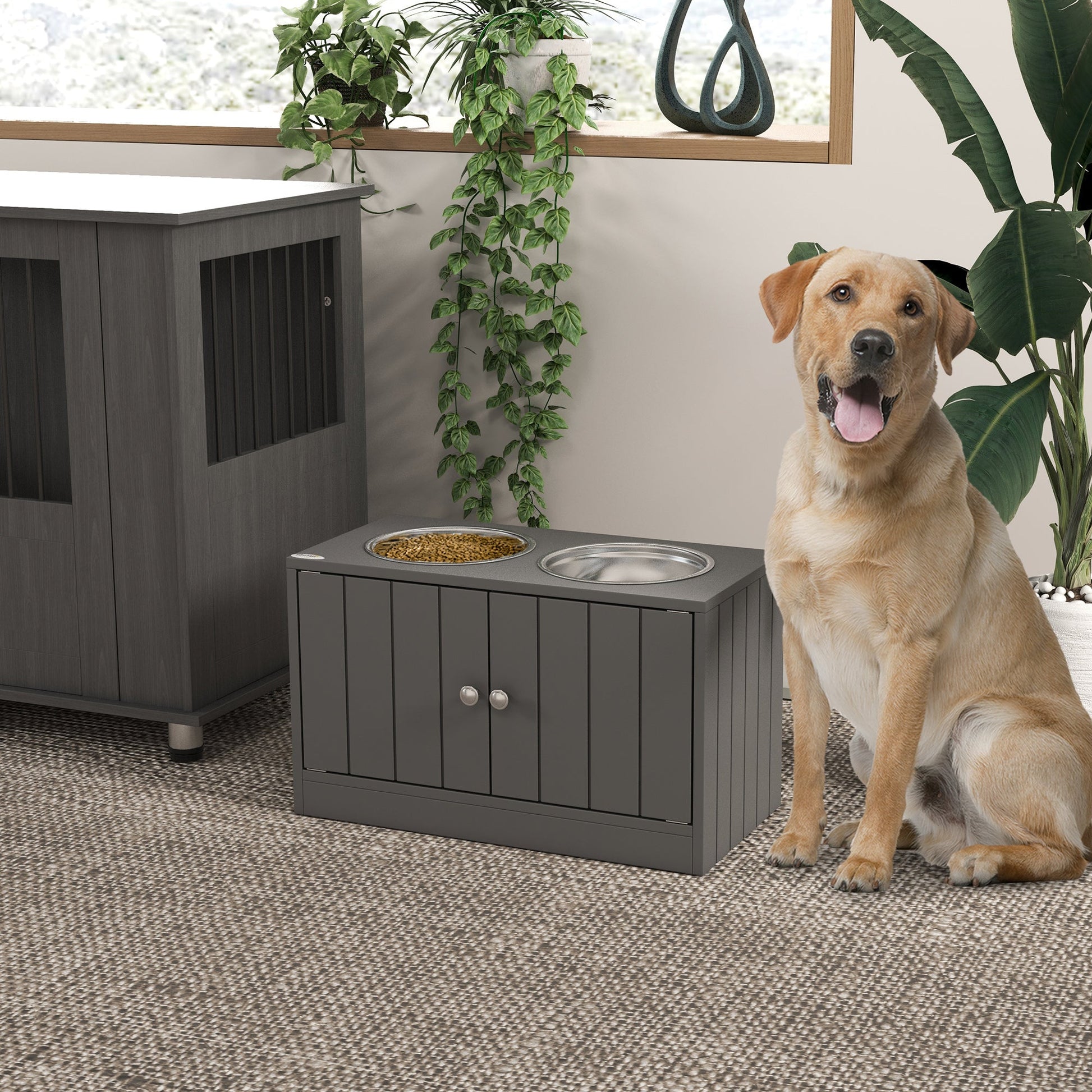 KFX-6626109 Elevated Dog Bowl Stand with Storage Cabinet and Stainless Steel Bowls, Gray