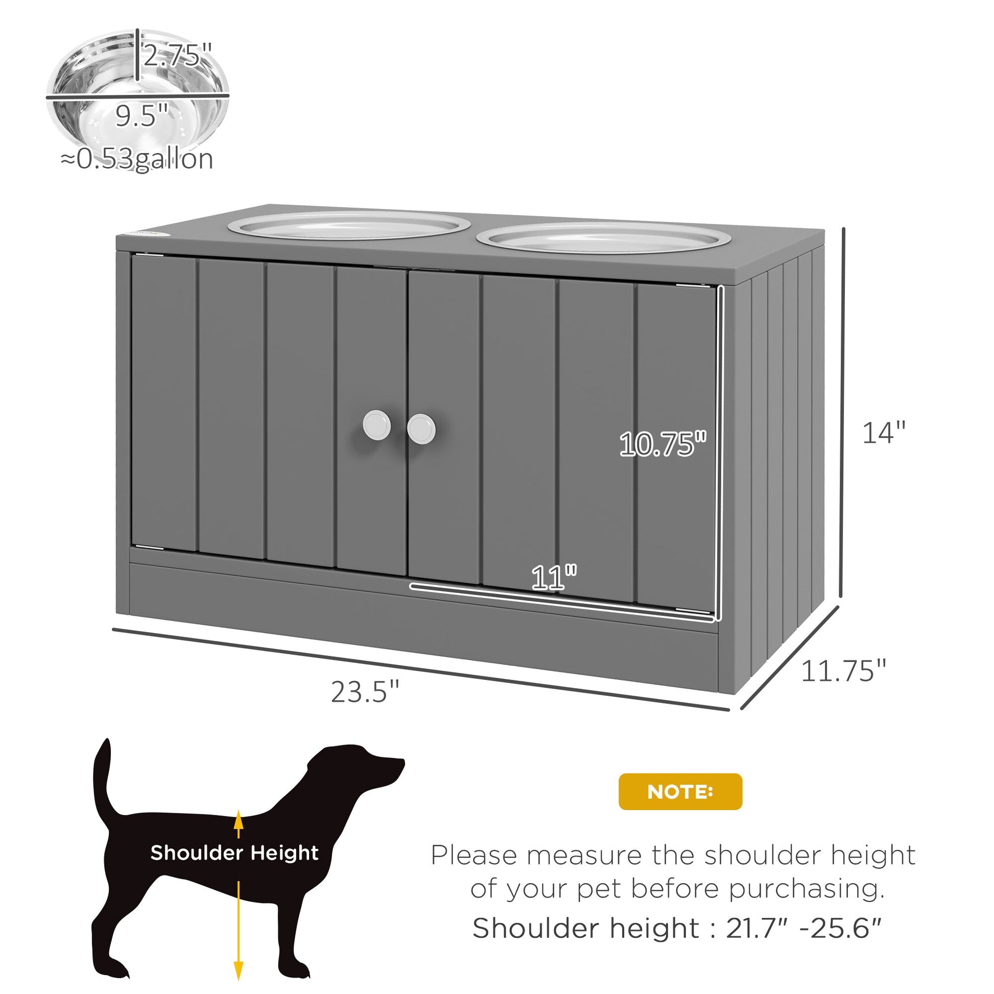 KFX-6626109 Elevated Dog Bowl Stand with Storage Cabinet and Stainless Steel Bowls, Gray