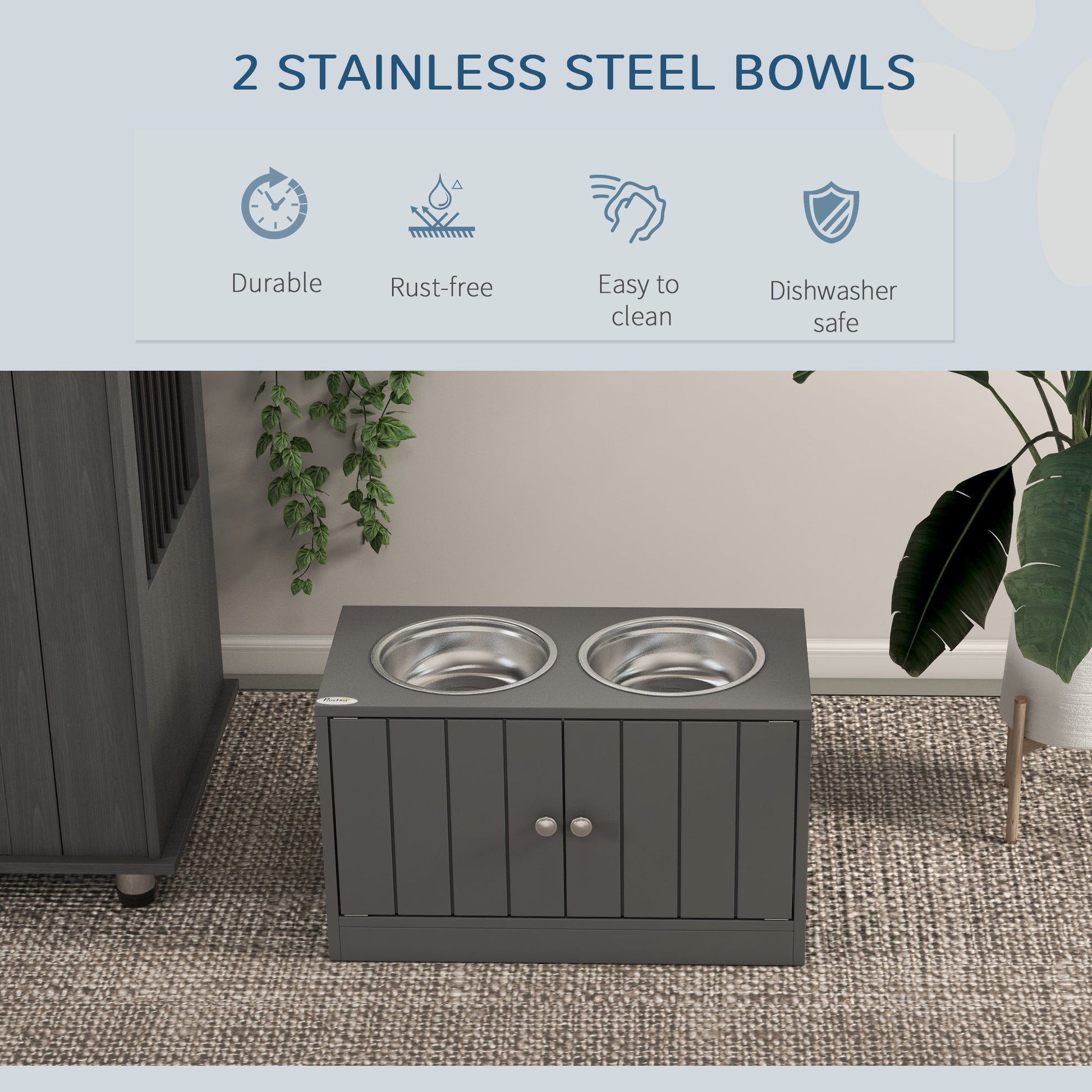 KFX-6626109 Elevated Dog Bowl Stand with Storage Cabinet and Stainless Steel Bowls, Gray