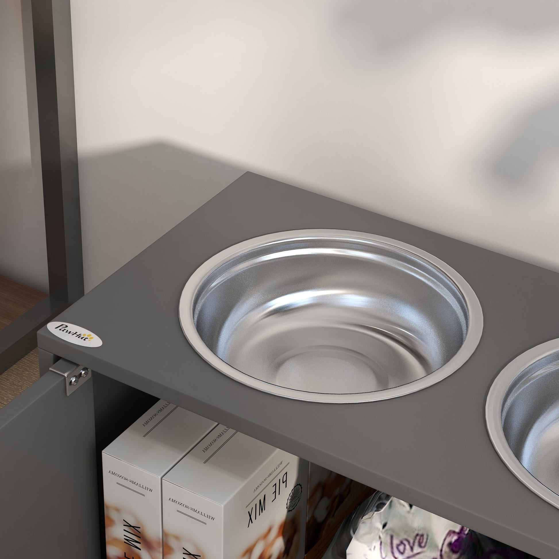 KFX-6626109 Elevated Dog Bowl Stand with Storage Cabinet and Stainless Steel Bowls, Gray