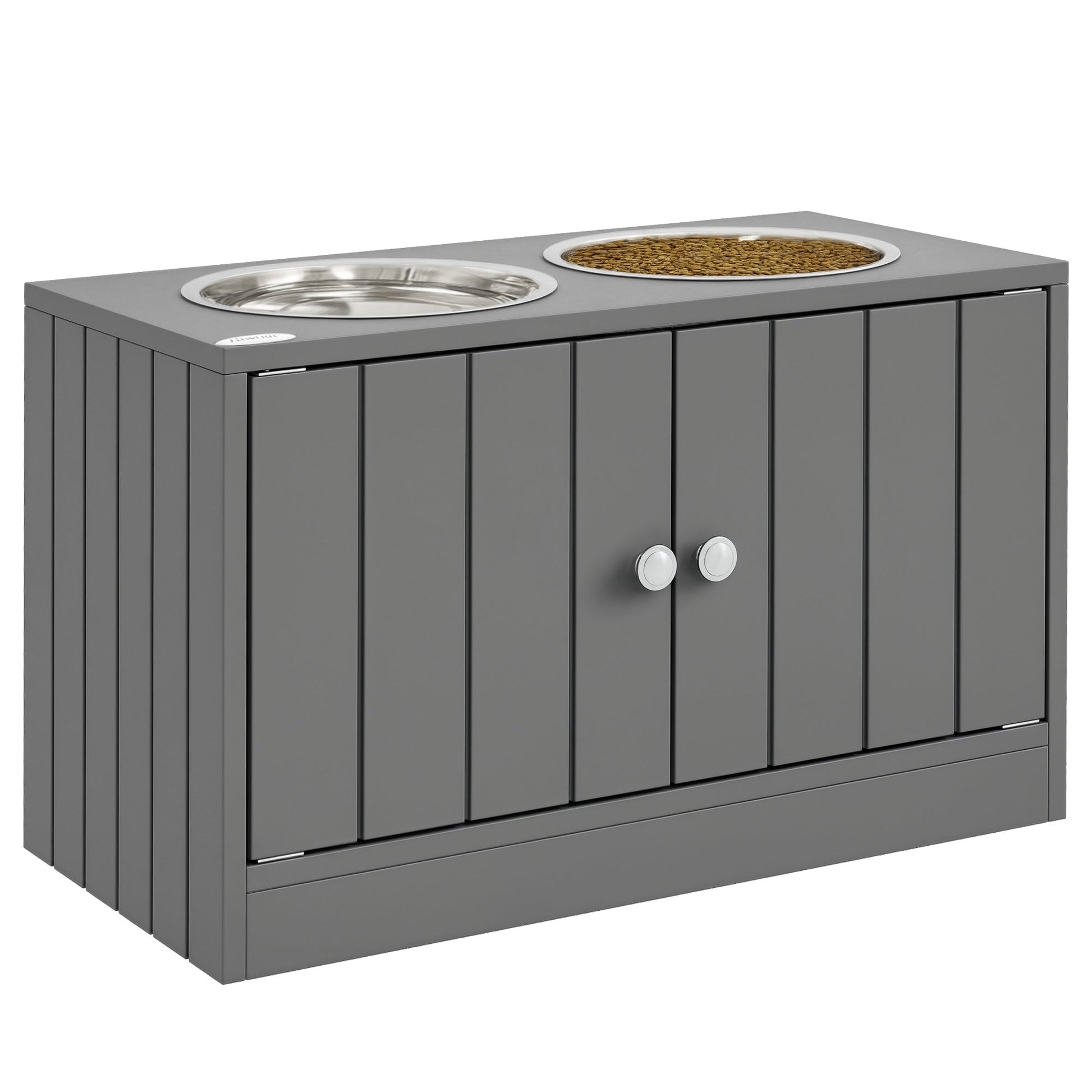 KFX-6626109 Elevated Dog Bowl Stand with Storage Cabinet and Stainless Steel Bowls, Gray