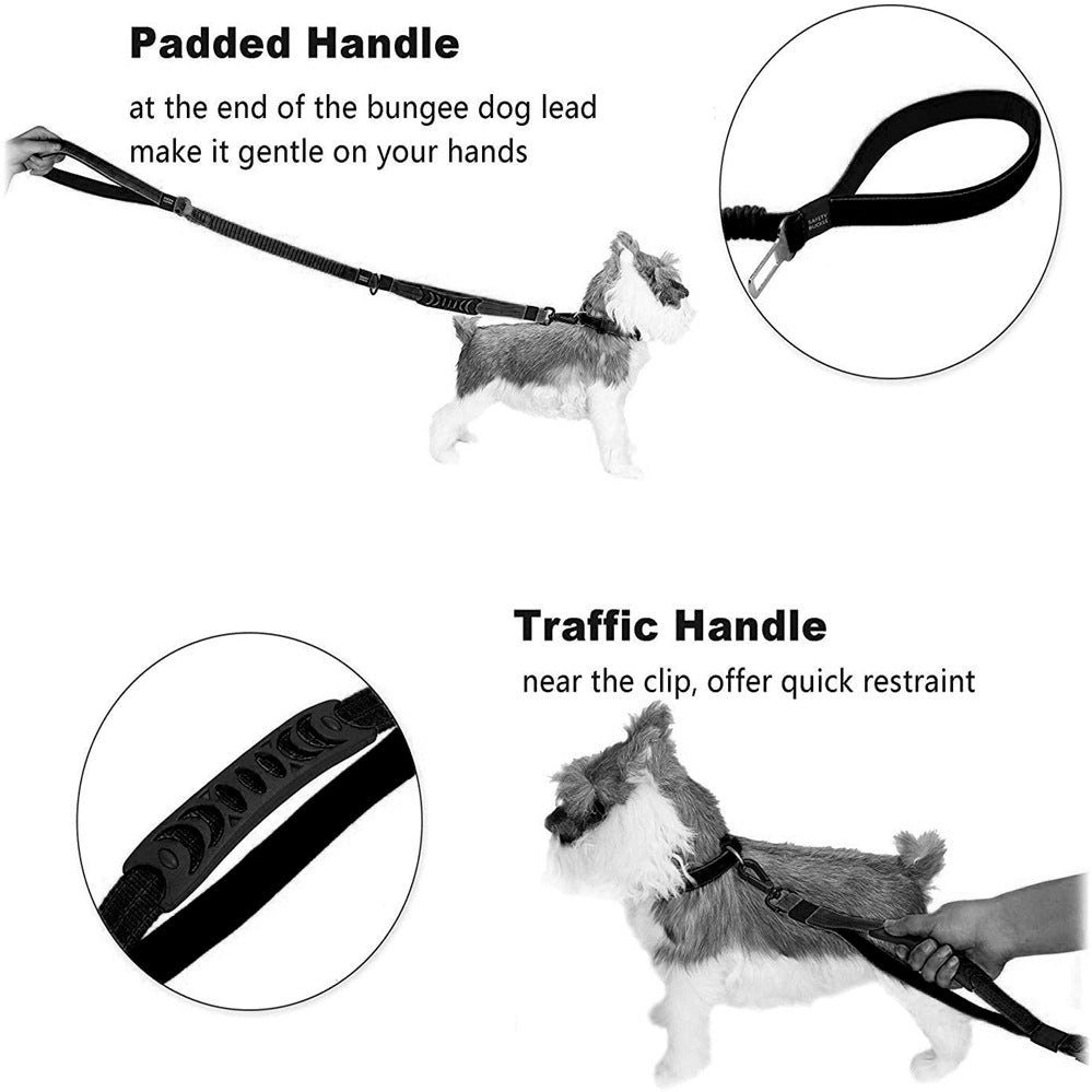 KFX-6633149 Adjustable Bungee Dog Leash with Reflective Stitches for Large and Medium Dogs, 4-6 Feet Length, Includes Car Seatbelt Clip