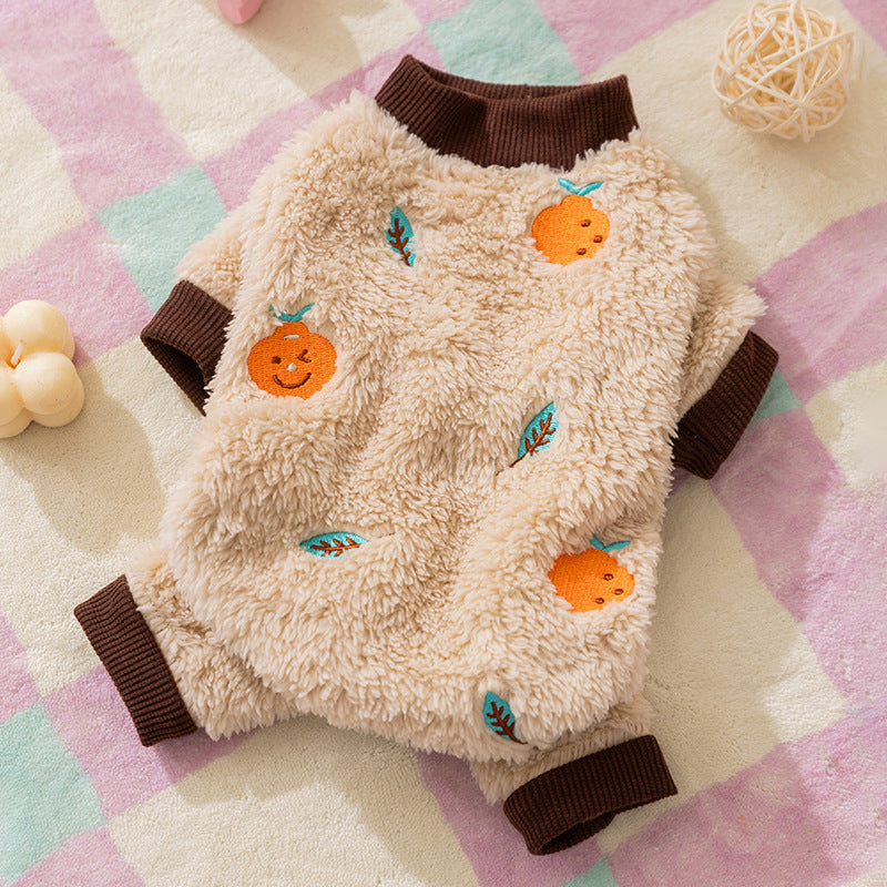 KFX-6640189 Fruit Embroidered Fuzzy Pet Onesie for Small Dogs and Cats in Beige and Gray