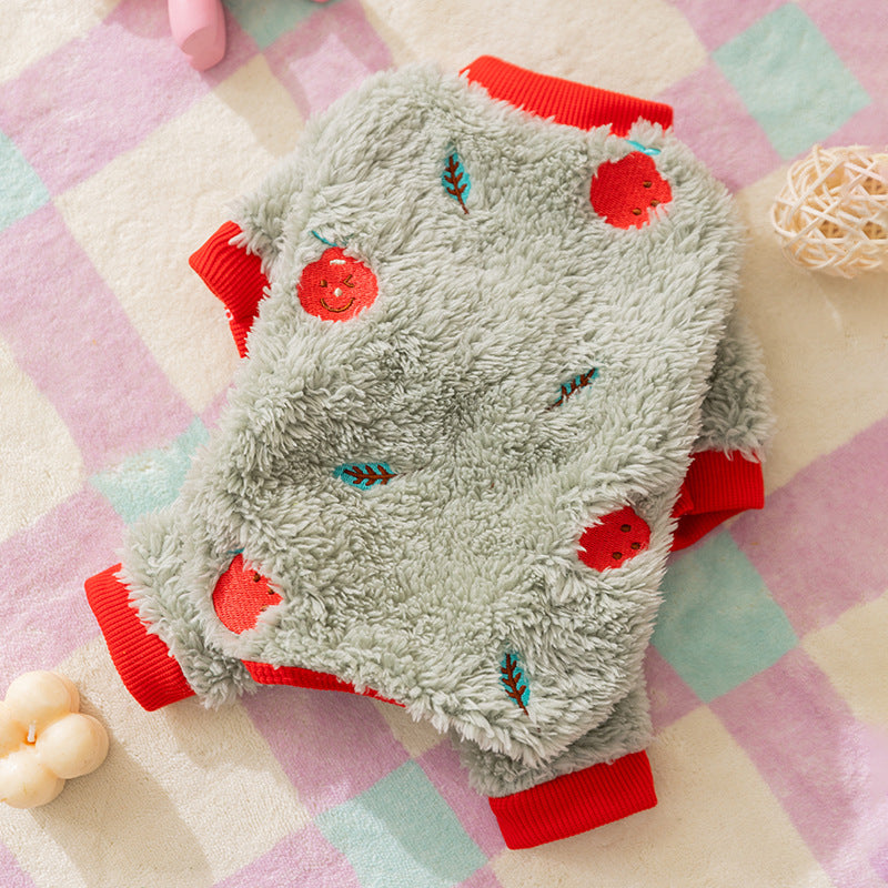 KFX-6640189 Fruit Embroidered Fuzzy Pet Onesie for Small Dogs and Cats in Beige and Gray