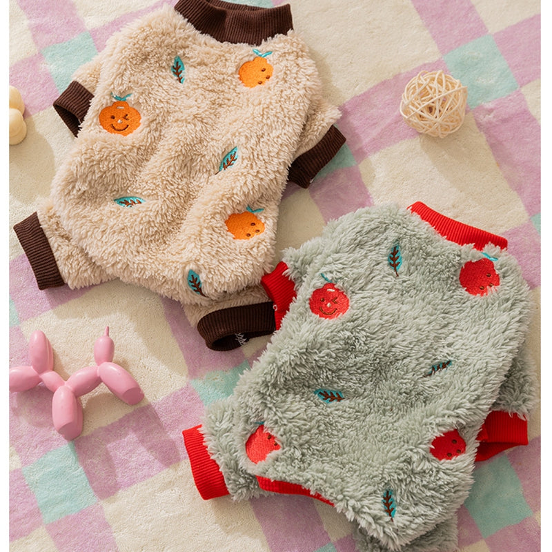 KFX-6640189 Fruit Embroidered Fuzzy Pet Onesie for Small Dogs and Cats in Beige and Gray