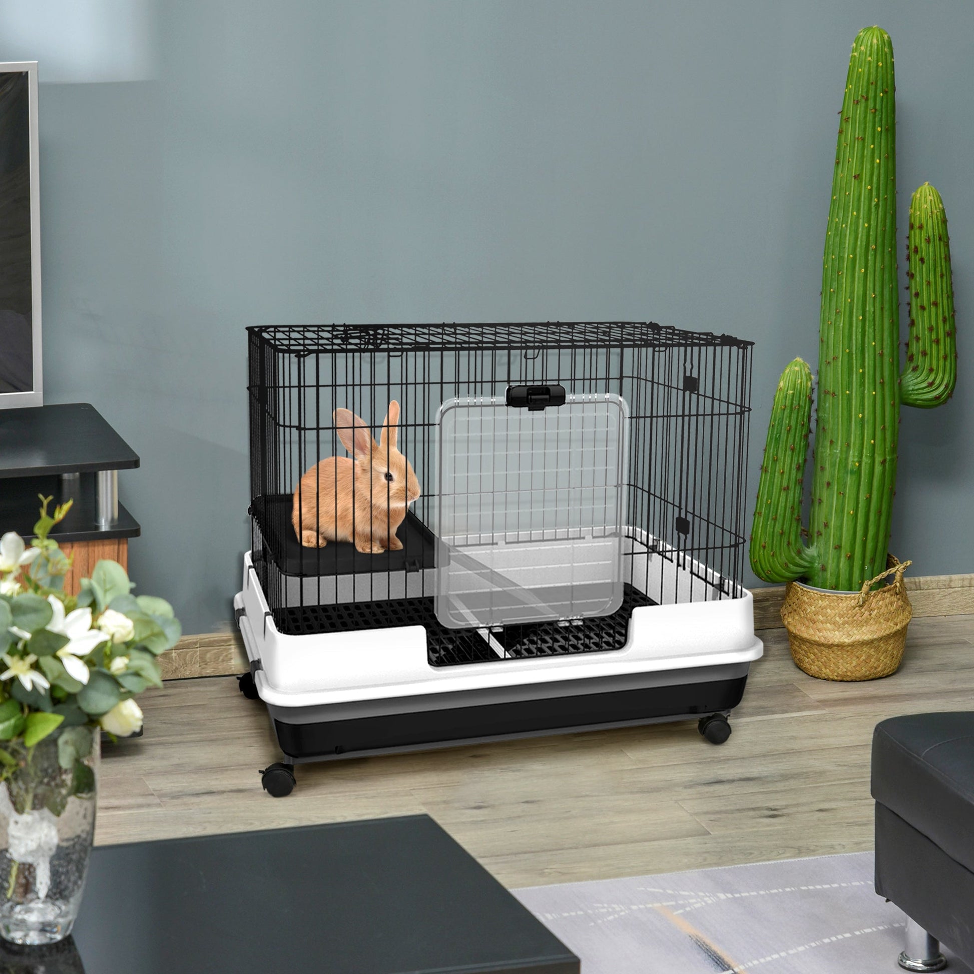 KFX-6645053 2-Level Small Animal Cage with Wheels for Rabbits, Ferrets, and Chinchillas, Indoor Hutch with Access Doors and Platforms