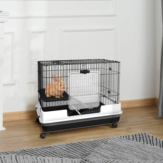 KFX-6645053 2-Level Small Animal Cage with Wheels for Rabbits, Ferrets, and Chinchillas, Indoor Hutch with Access Doors and Platforms