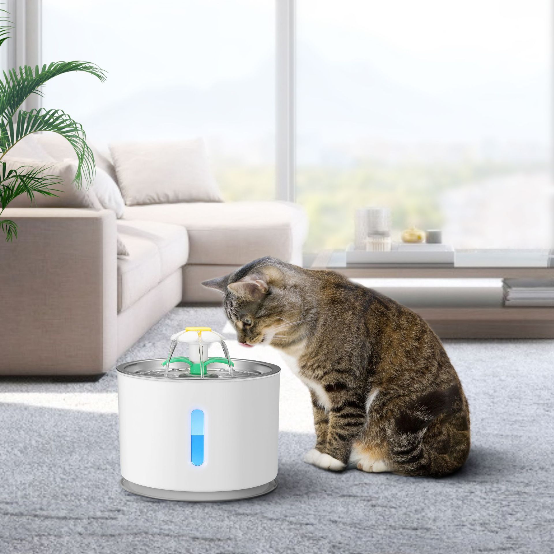 KFX-6652989 Stainless Steel 2.4L Pet Water Dispenser for Cats and Dogs with USB Charging