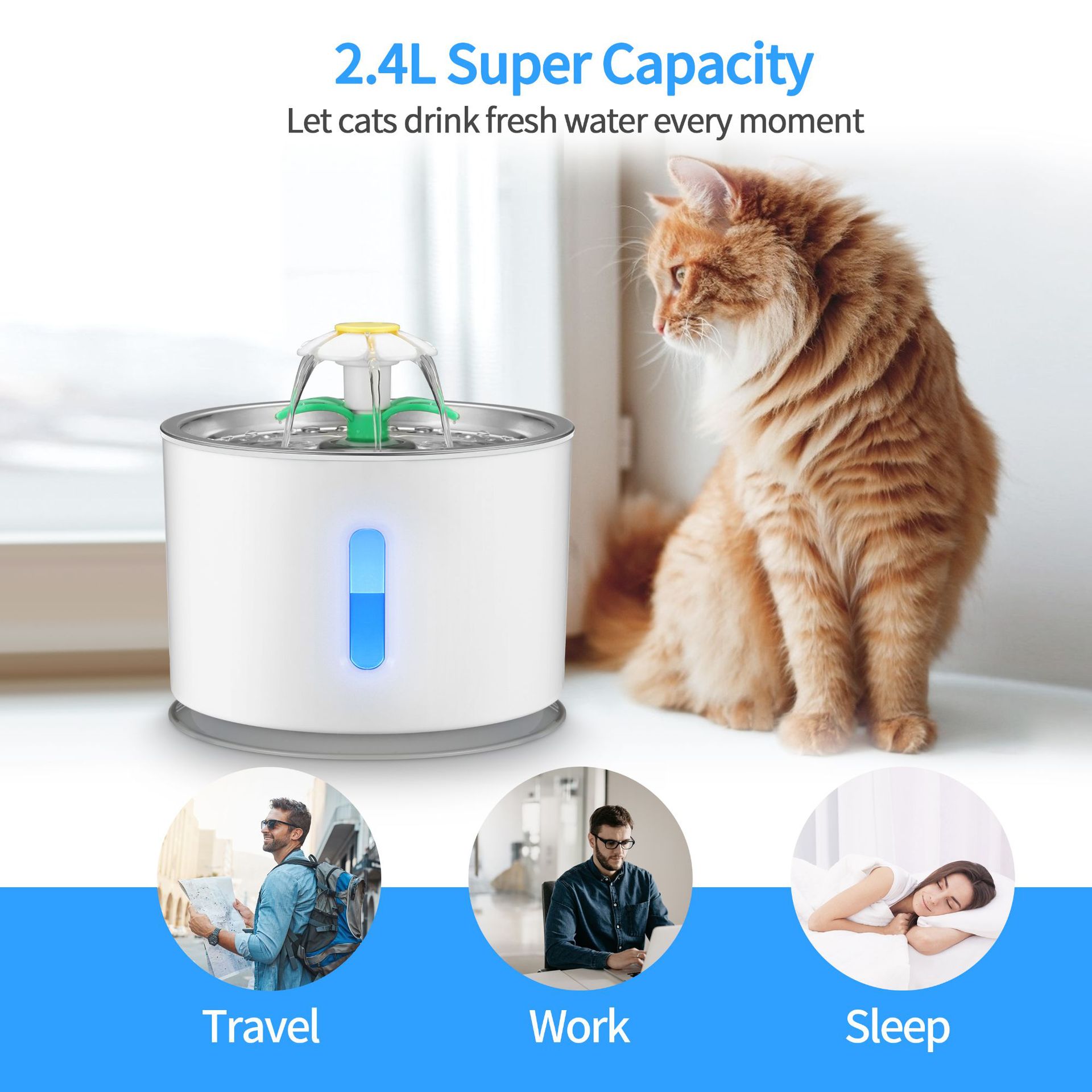 KFX-6652989 Stainless Steel 2.4L Pet Water Dispenser for Cats and Dogs with USB Charging