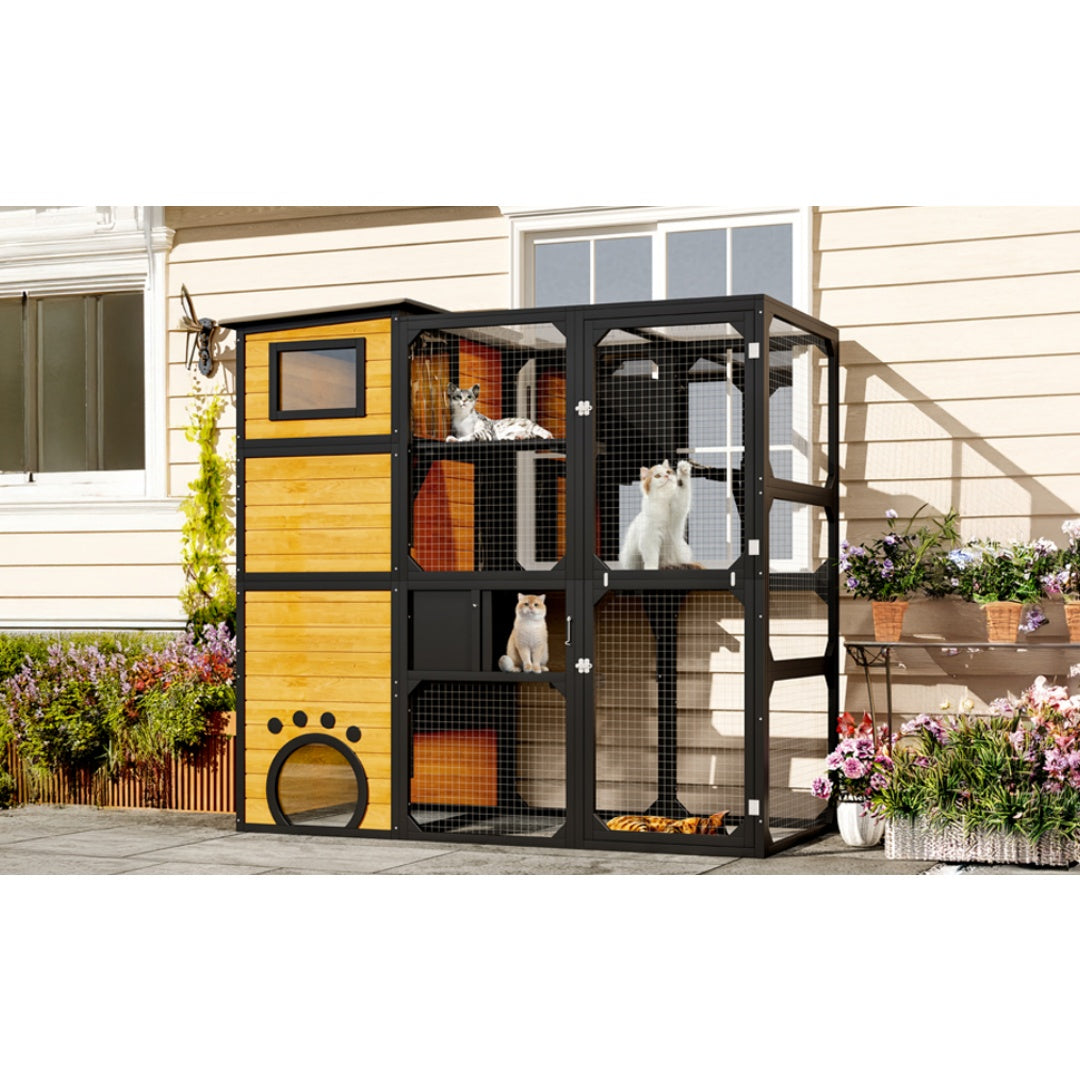 KFX-6656189 Indoor/Outdoor Multi-Level Cat Enclosure with Weatherproof Design, Window Attachment, Platforms, and Lounges in Brown