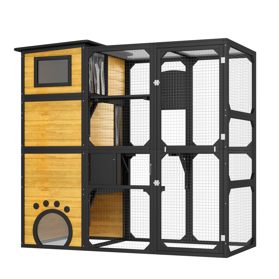 KFX-6656189 Indoor/Outdoor Multi-Level Cat Enclosure with Weatherproof Design, Window Attachment, Platforms, and Lounges in Brown