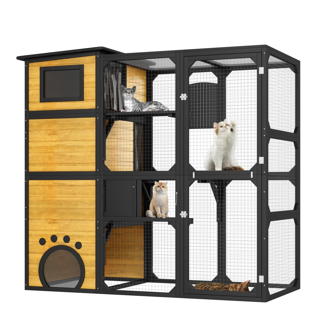 KFX-6656189 Indoor/Outdoor Multi-Level Cat Enclosure with Weatherproof Design, Window Attachment, Platforms, and Lounges in Brown