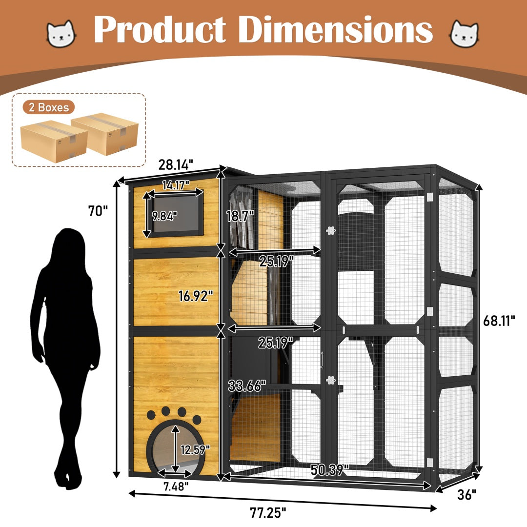 KFX-6656189 Indoor/Outdoor Multi-Level Cat Enclosure with Weatherproof Design, Window Attachment, Platforms, and Lounges in Brown