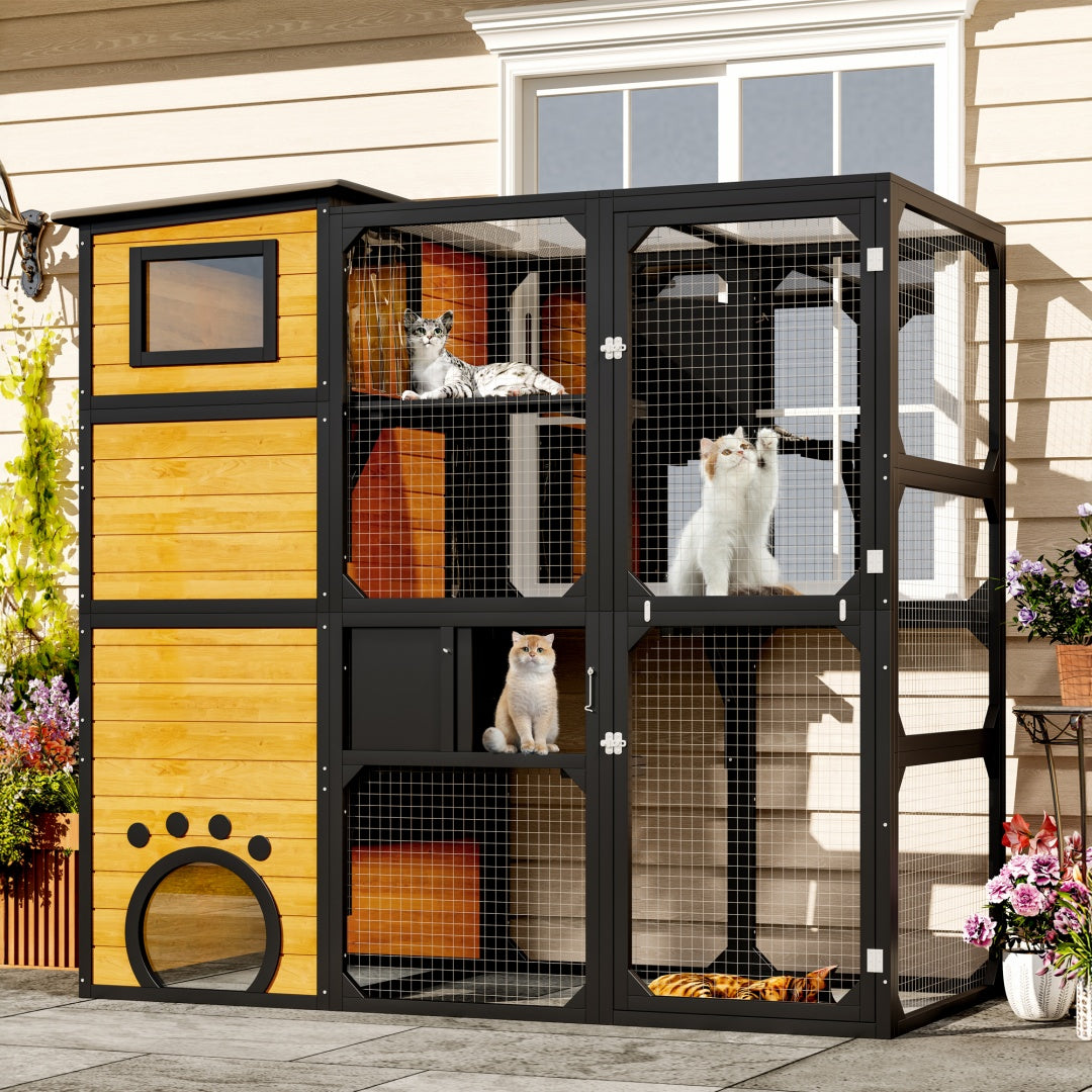 KFX-6656189 Indoor/Outdoor Multi-Level Cat Enclosure with Weatherproof Design, Window Attachment, Platforms, and Lounges in Brown