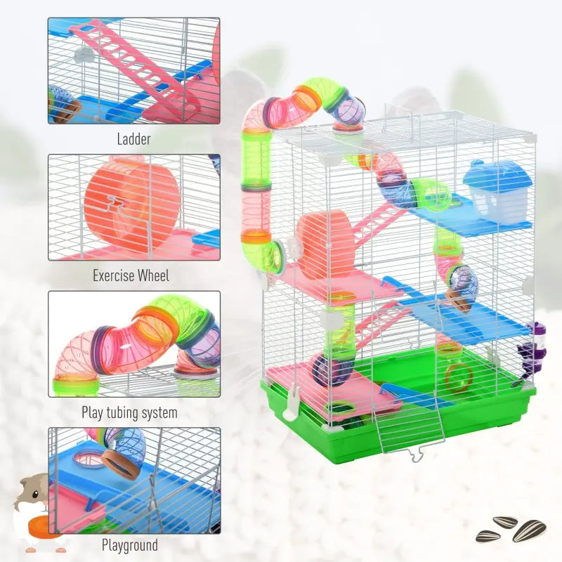 KFX-6656573 5-Tier Hamster Cage with Exercise Wheel, Tunnels, and Portable Design