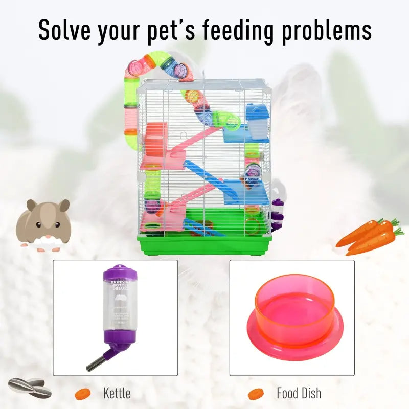 KFX-6656573 5-Tier Hamster Cage with Exercise Wheel, Tunnels, and Portable Design