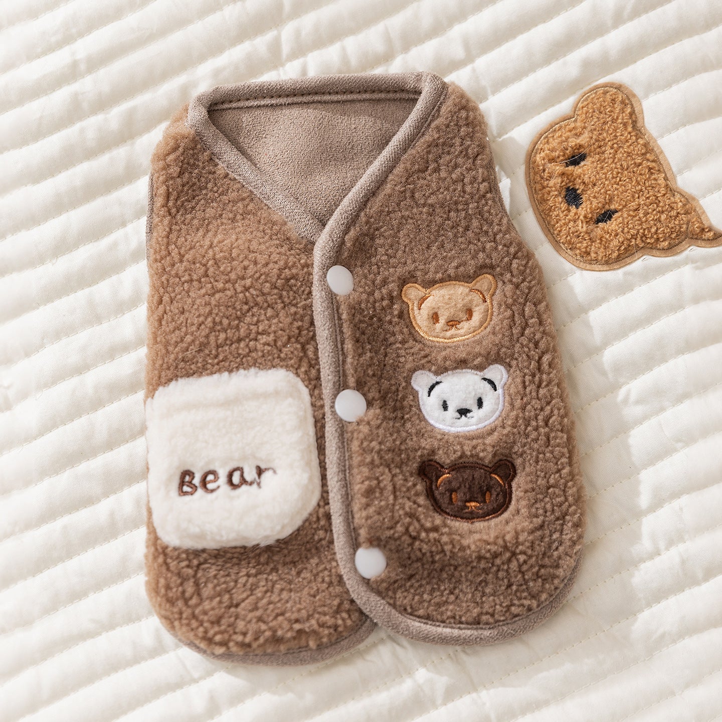 KFX-6663229 Cozy Fleece Jackets for Small Dogs and Cats, Cute Bear Embroidery with Pocket, Autumn and Winter Pet Wear