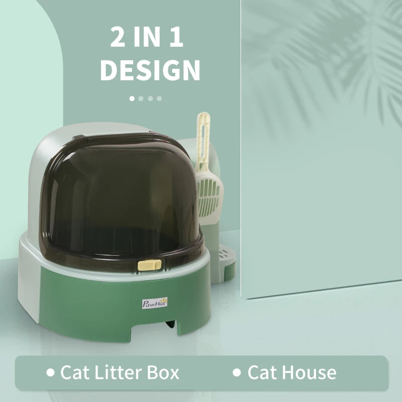 KFX-6664125 Easy-to-Clean Green Cat Litter Box with Openable Front Cover and Removable Tray