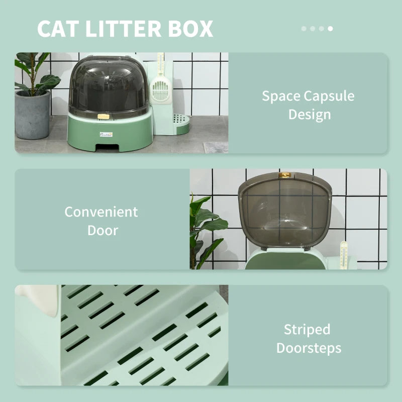 KFX-6664125 Easy-to-Clean Green Cat Litter Box with Openable Front Cover and Removable Tray