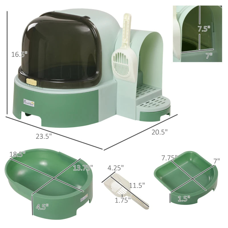 KFX-6664125 Easy-to-Clean Green Cat Litter Box with Openable Front Cover and Removable Tray