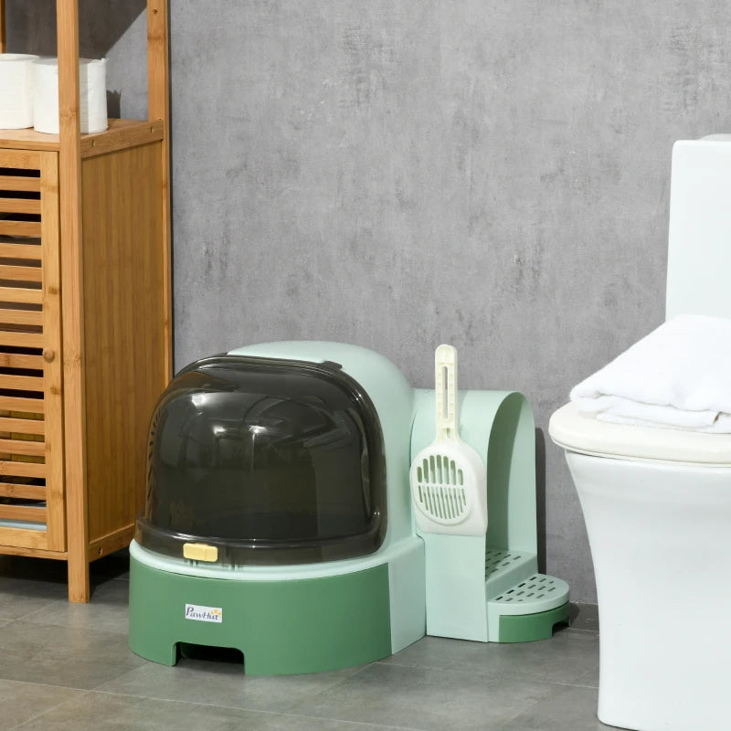KFX-6664125 Easy-to-Clean Green Cat Litter Box with Openable Front Cover and Removable Tray