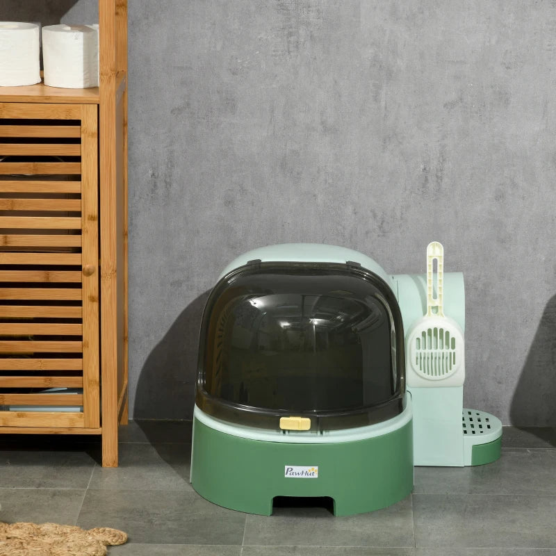 KFX-6664125 Easy-to-Clean Green Cat Litter Box with Openable Front Cover and Removable Tray