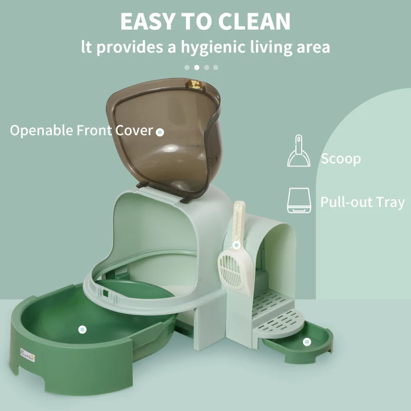 KFX-6664125 Easy-to-Clean Green Cat Litter Box with Openable Front Cover and Removable Tray