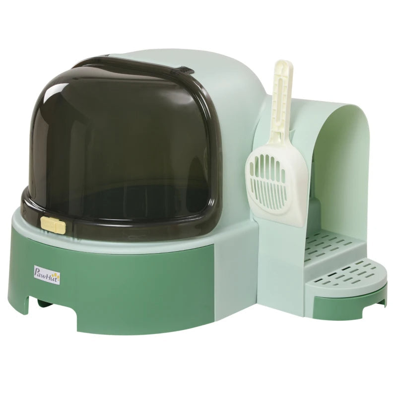 KFX-6664125 Easy-to-Clean Green Cat Litter Box with Openable Front Cover and Removable Tray