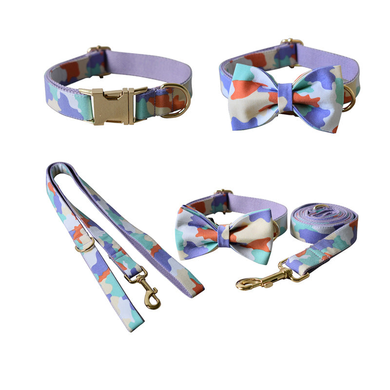 KFX-6664509 Purple Camouflage Dog Bow Tie and Metal Buckle Leash Set - Size S, M, L, XL