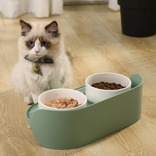 KFX-6668605 Cervical Spine Support Ceramic Cat & Small Dog Double Bowl - Mint Green & Pearl White