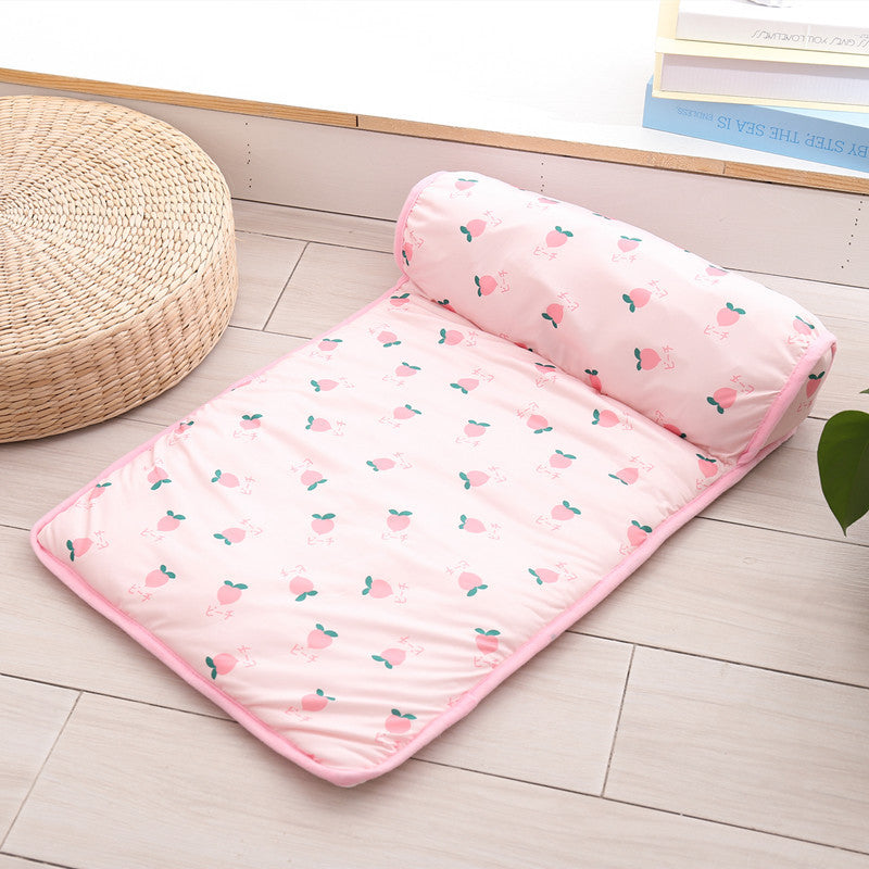 KFX-6676029 Cooling Ice Silk Pet Mat with Pillow - Breathable Outdoor Cat Bed, Washable & Portable for Travel