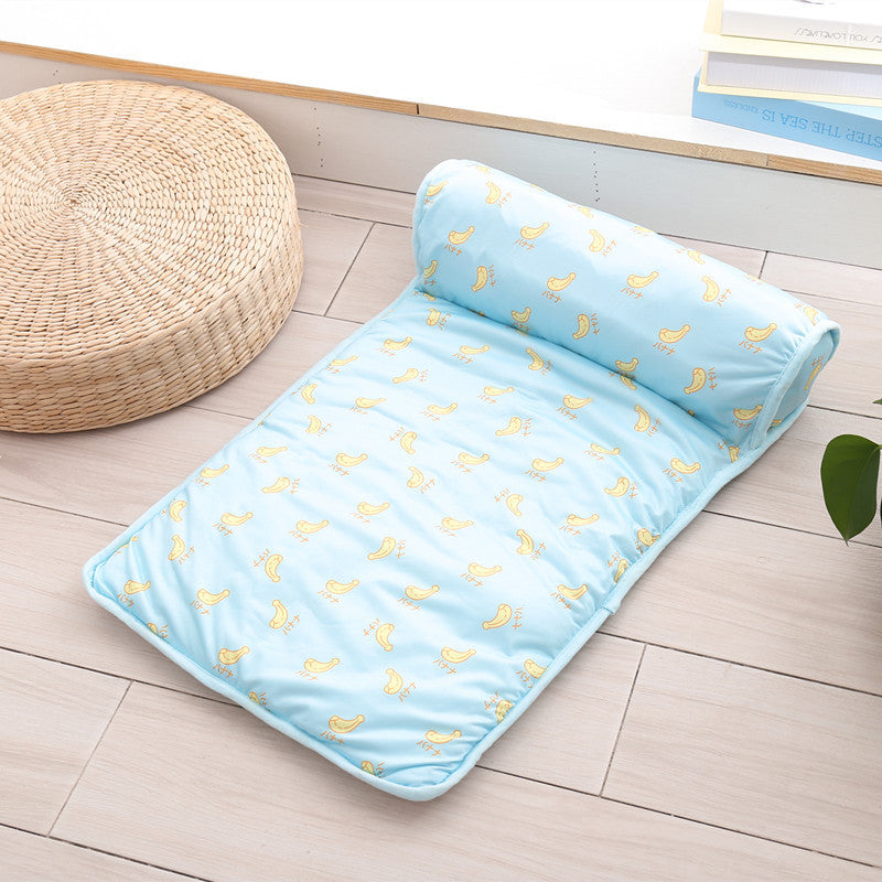 KFX-6676029 Cooling Ice Silk Pet Mat with Pillow - Breathable Outdoor Cat Bed, Washable & Portable for Travel