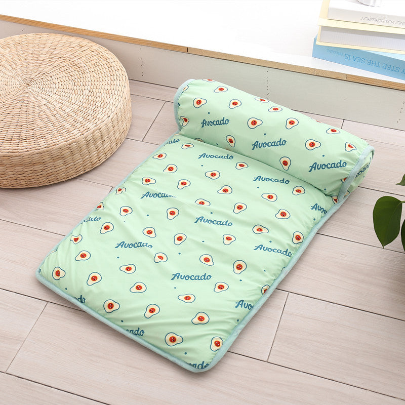 KFX-6676029 Cooling Ice Silk Pet Mat with Pillow - Breathable Outdoor Cat Bed, Washable & Portable for Travel
