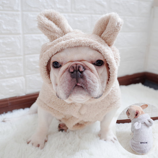 KFX-6680509 Cozy Coral Fleece Bunny Costume Hoodie for Pets in Grey, Pink, and Apricot
