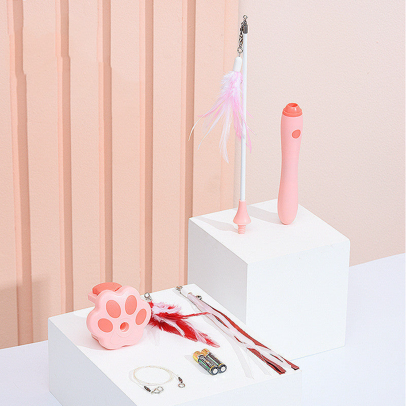 KFX-6680765 Interactive Infrared Cat Feather Toy Stick with Three-Section Fishing Line, Batteries Included - Green & Pink