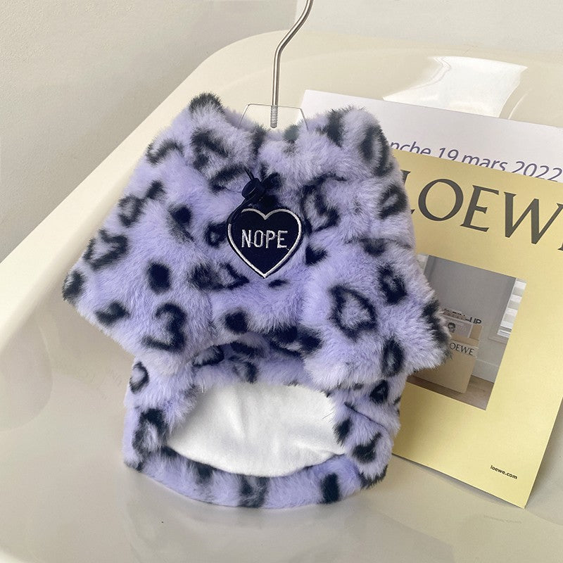 KFX-6684989 Thick Plush Cat Sweater for Winter - Available in White and Purple Leopard Print, Multiple Sizes