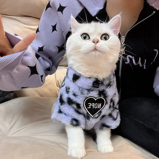 KFX-6684989 Thick Plush Cat Sweater for Winter - Available in White and Purple Leopard Print, Multiple Sizes