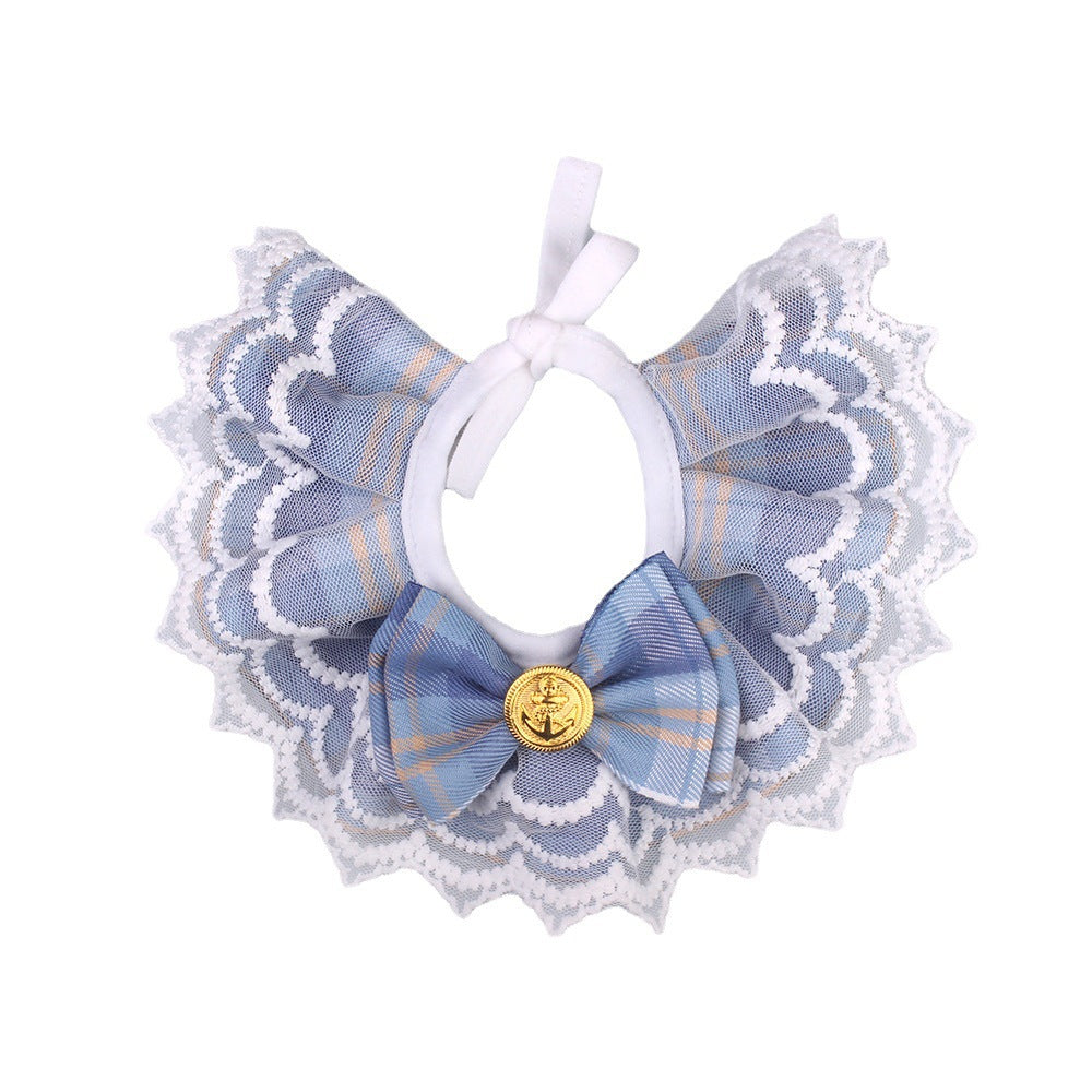 KFX-6700861 Plaid Big Bow Lace Edge Cat Bib Scarf - Pink, Blue, Green, Red, XS-XL