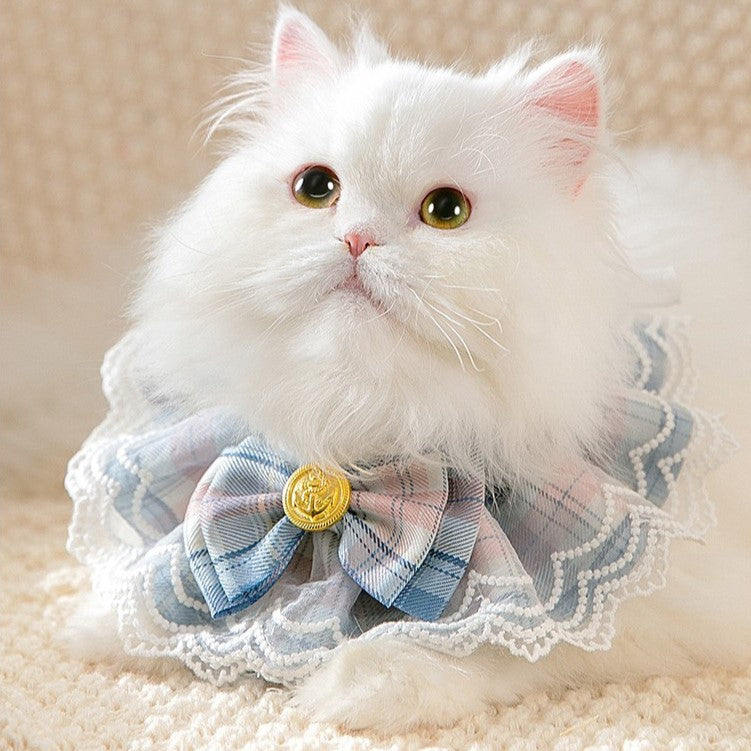 KFX-6700861 Plaid Big Bow Lace Edge Cat Bib Scarf - Pink, Blue, Green, Red, XS-XL